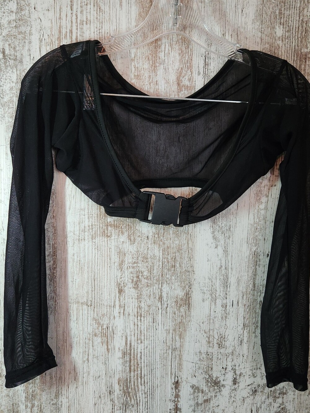 Black Sheer Mesh Long Sleeve Ultra Crop Top Shrug Buckle Halloween Concert Vibes